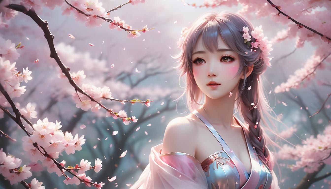 Anime Goddess Portrait in Cherry Blossom Garden