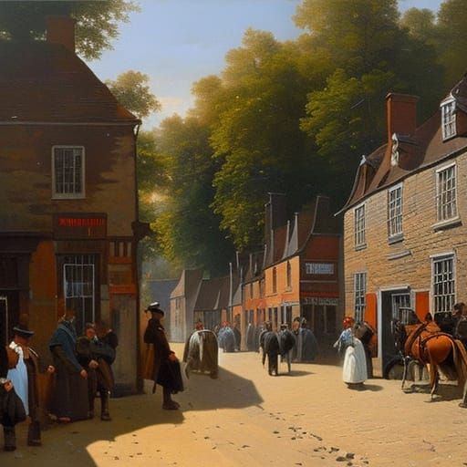 1880 English Village Market Day: Oil Painting