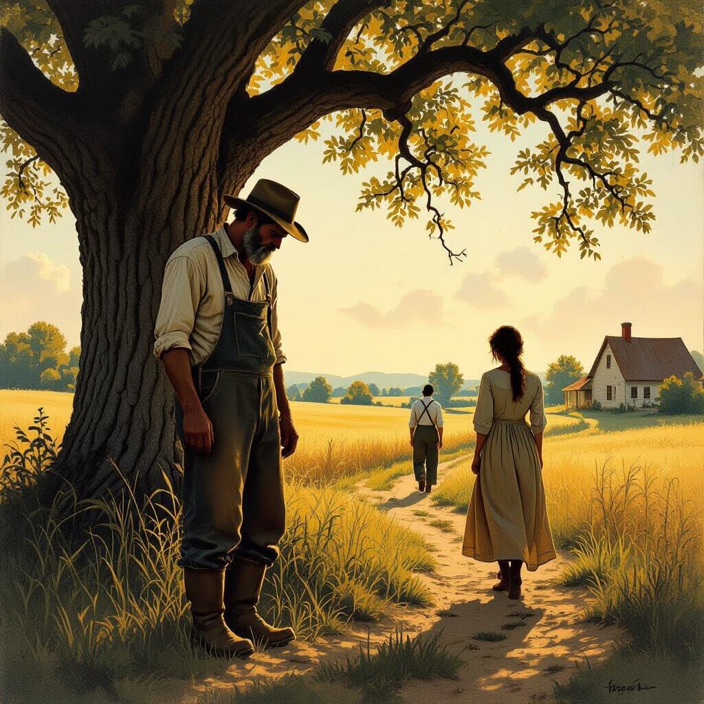 Despairing Farmer Under Tree in Rustic Painting Style