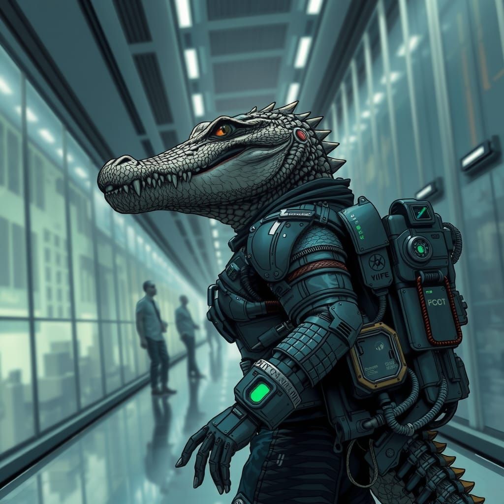 Cyberpunk Crocodile in Netrunner Suit Strolls Corporate Corr...