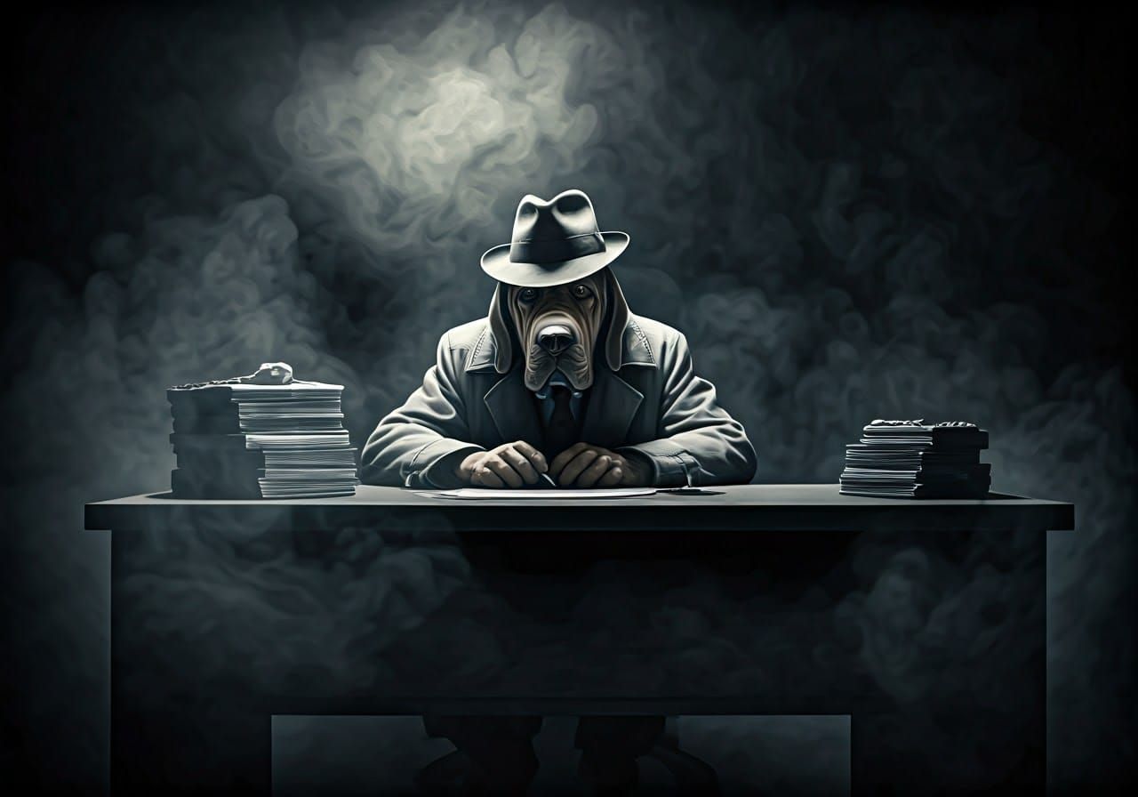 Film Noir Bloodhound Private Eye in Smokey Room