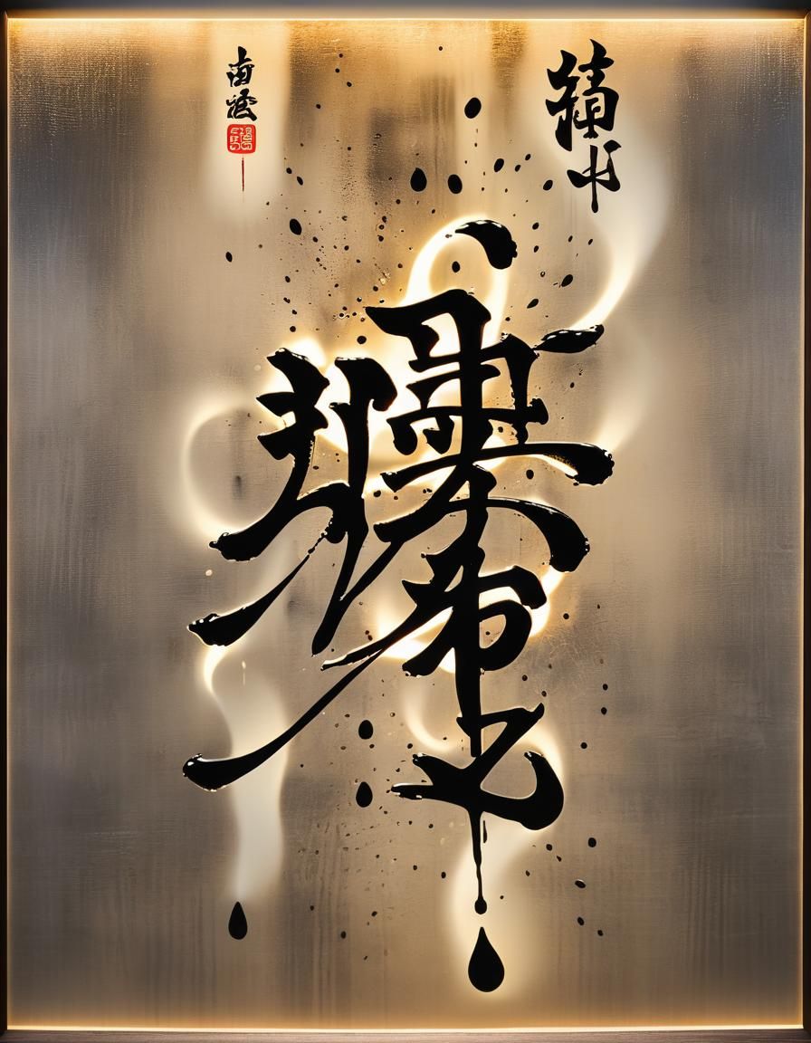 Korean Calligraphy Framed on Rustic Wall