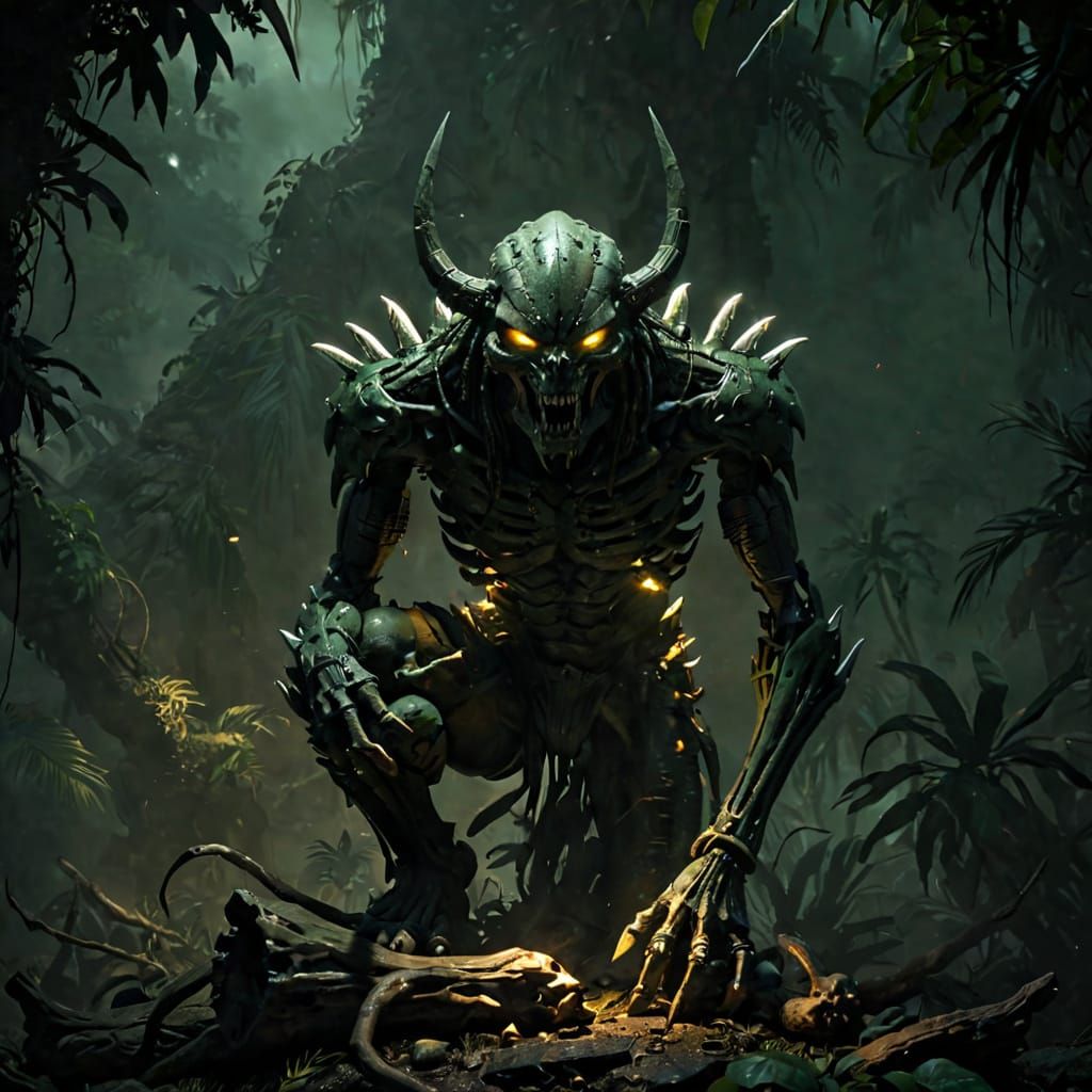 Dark Fantasy Predator in Ancient Jungle Ruins