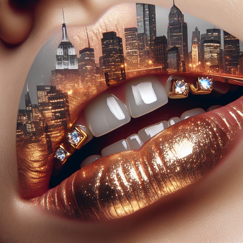 City Skyline Double Exposure on Lips With Diamonds