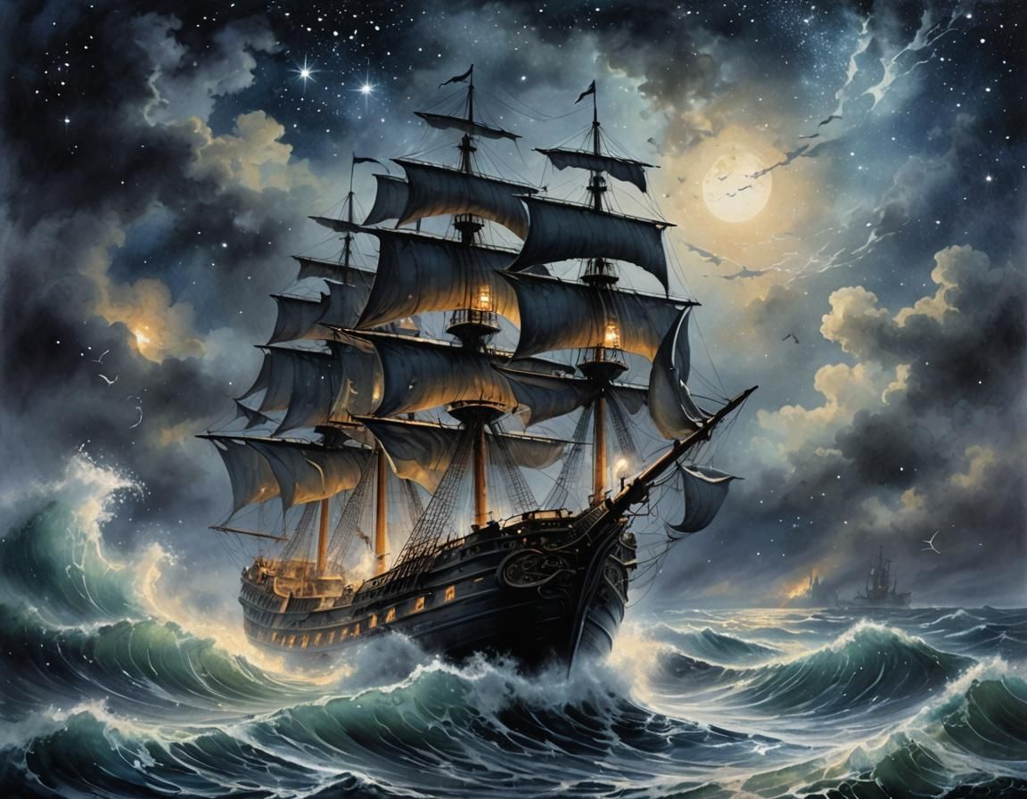 Medieval Ship on High Waves: Watercolor Painting