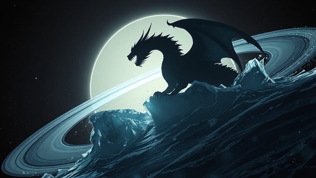 Ice Dragon Surfing Saturn in Anime Fantasy Style