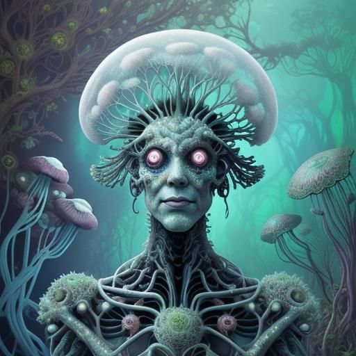 Body Horror Cyborg Portrait with Bioluminescent Fungi