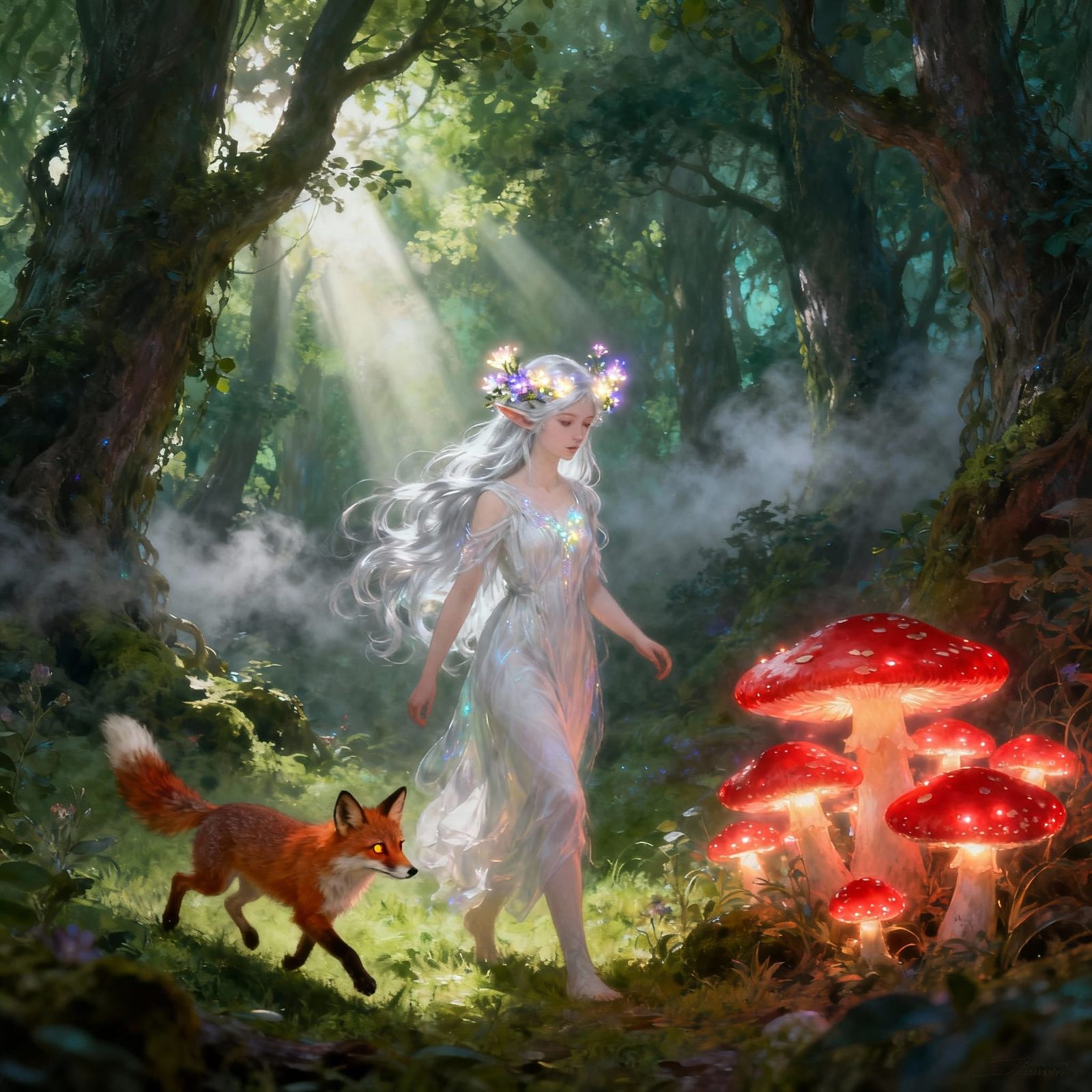 White Elven Girl in Enchanted Forest with Magical Flora