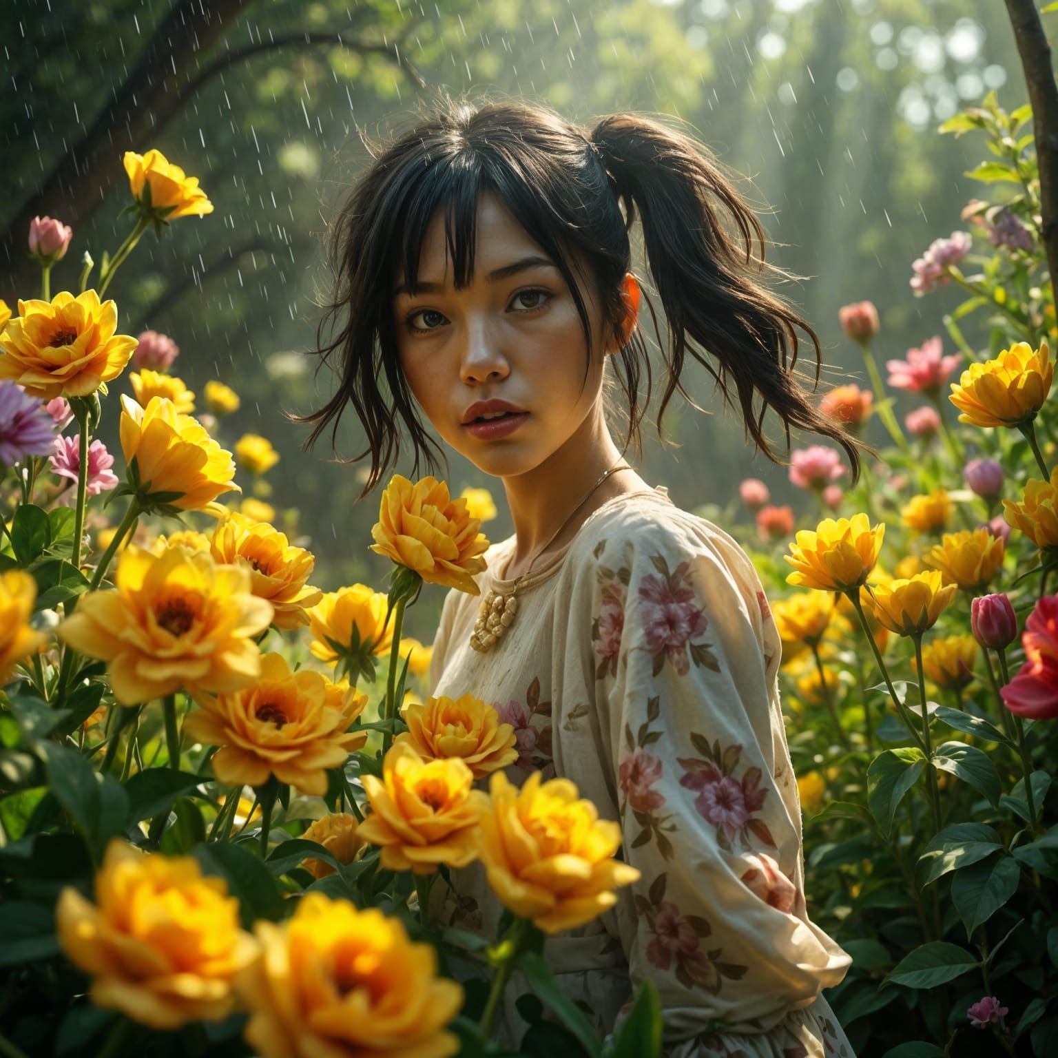 Vibrant Garden in the Rain, Hyper-Realistic Watercolor Paint...