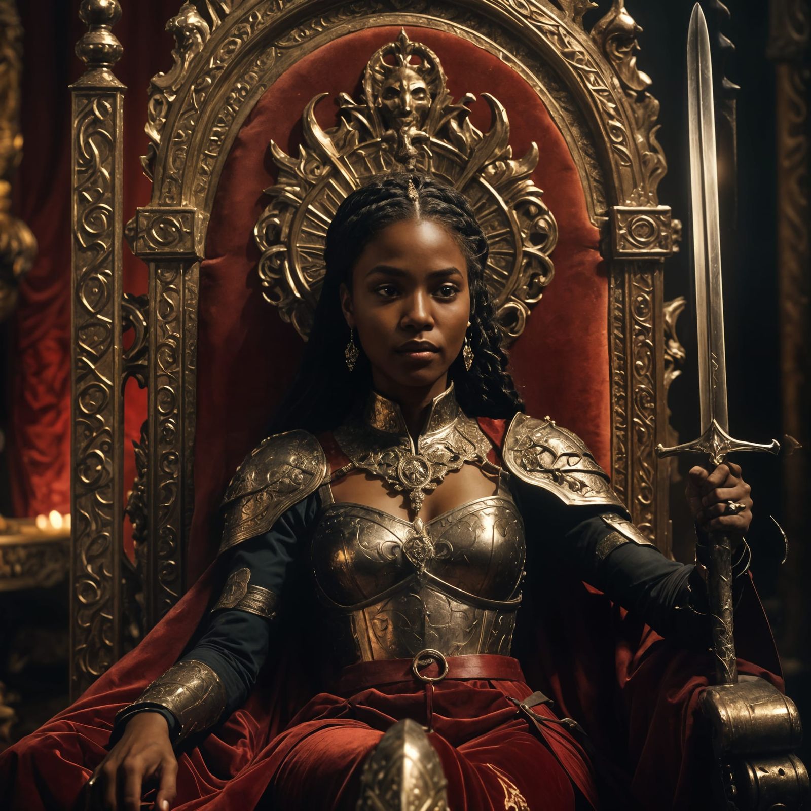 Woman on Throne with Excalibur Sword