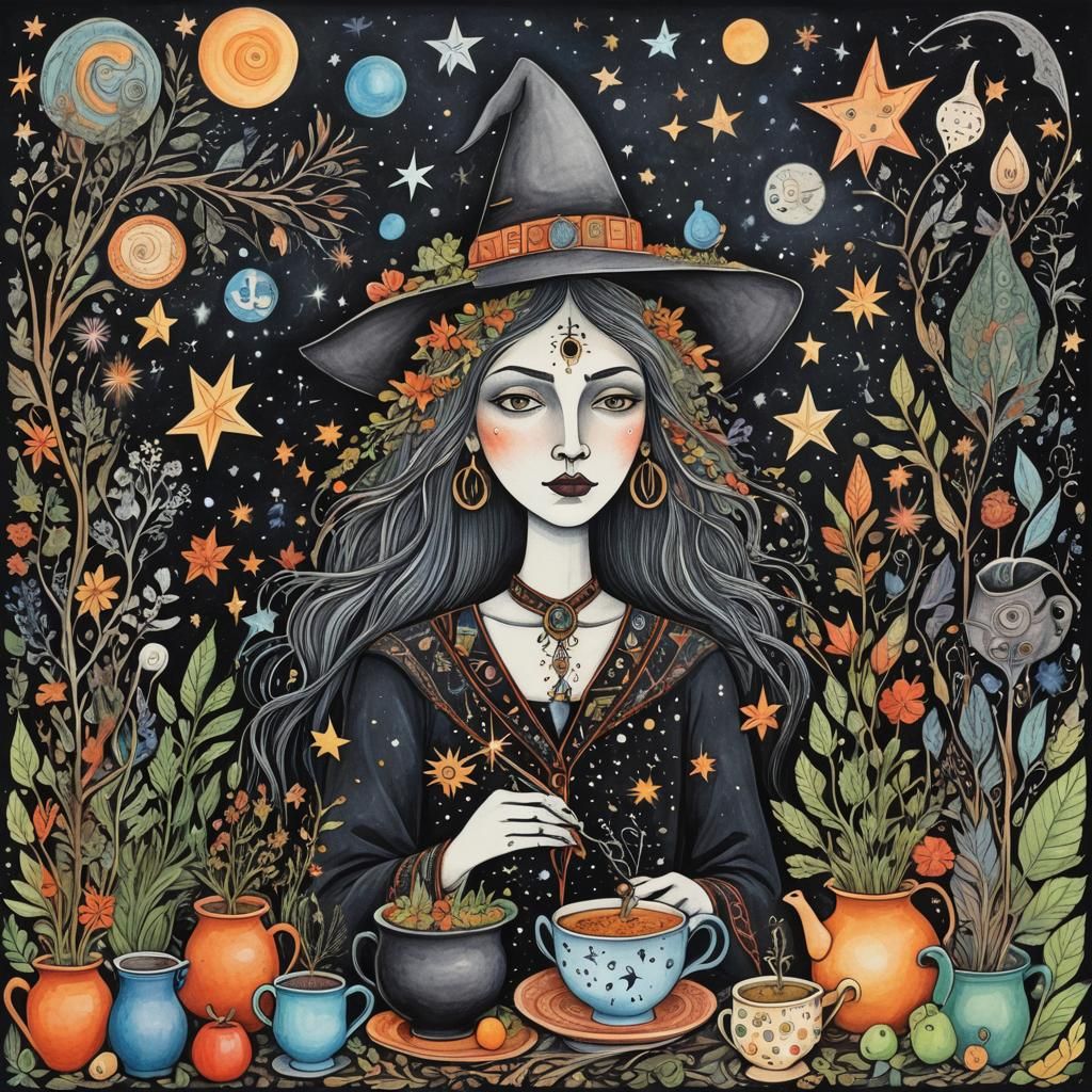 Cottage Witch with Cosmic Herbs in Art Brut Style