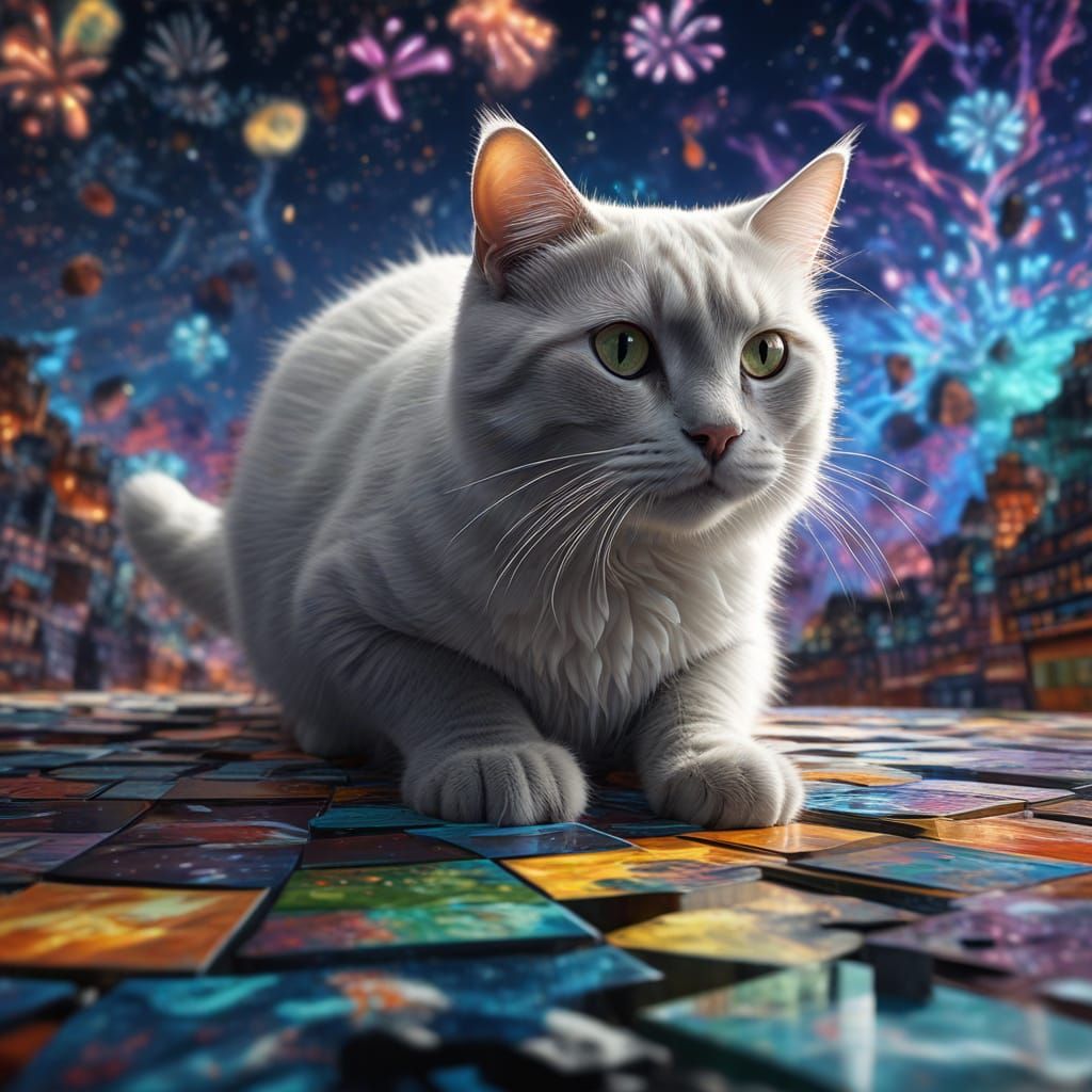 Surreal Fractal Landscape with Leaping White Cat