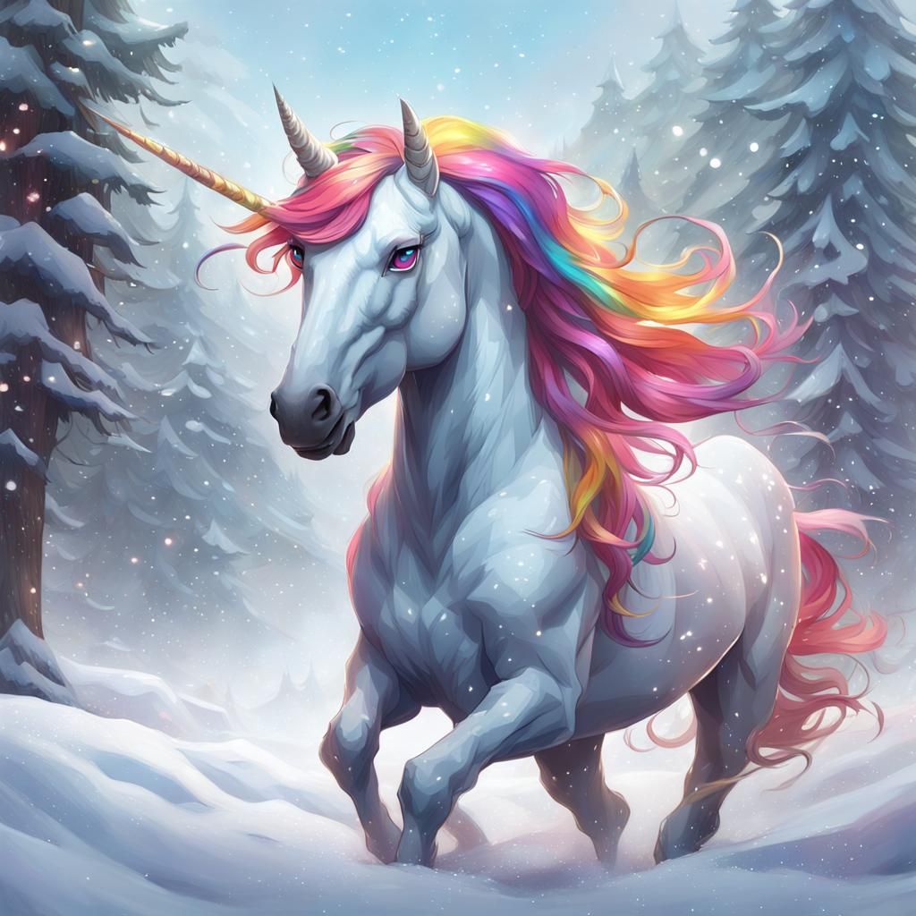 Rainbow Unicorn Bounding Through Snow, Detailed Digital Art