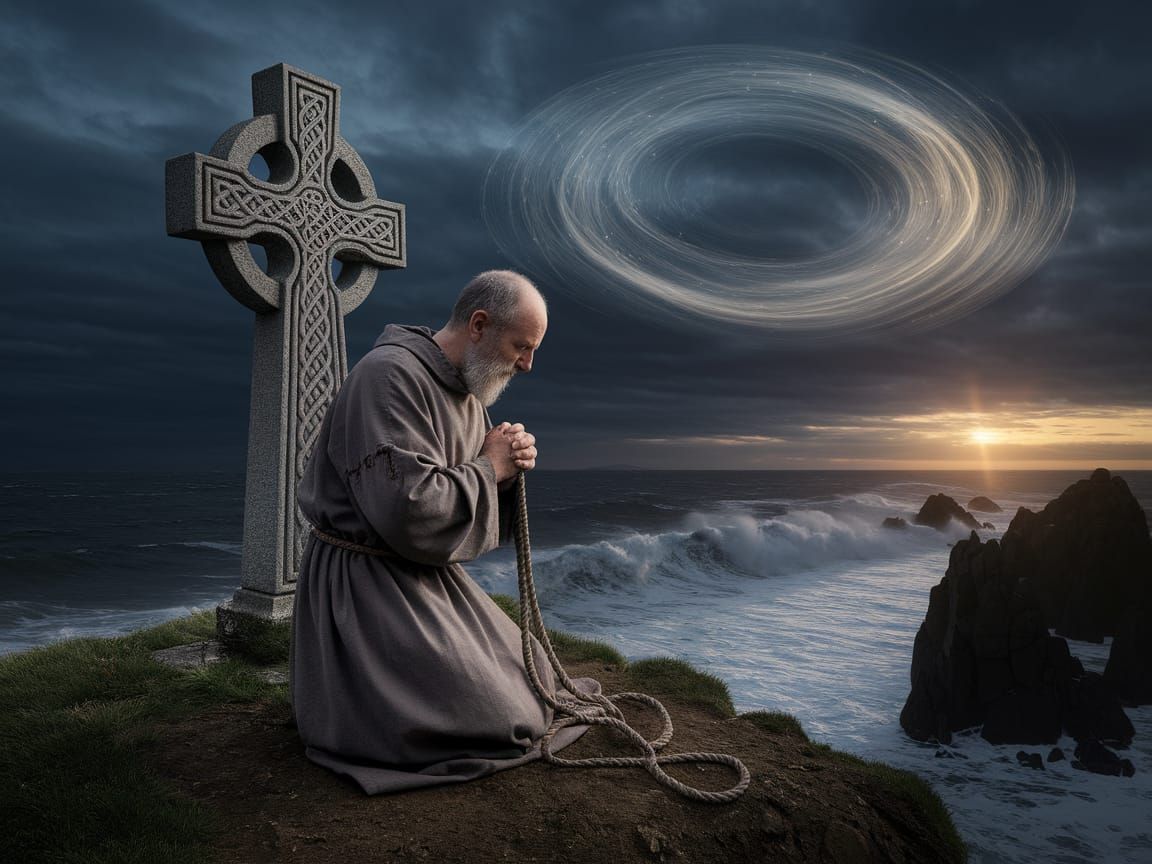 A Gaunt Monk in Muted Woad Blue Kneels Before a Weathered Ce...