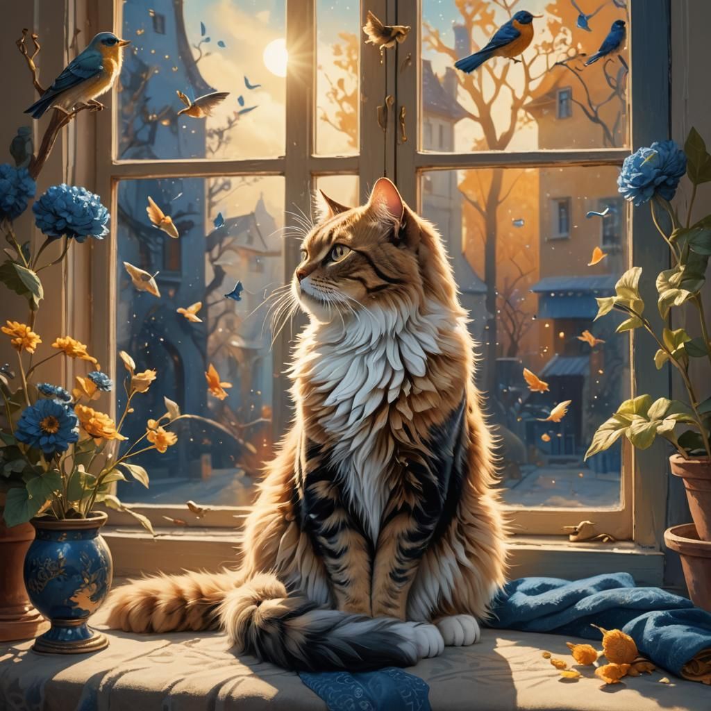 Fluffy Cat Watching Birds: Whimsical Concept Art