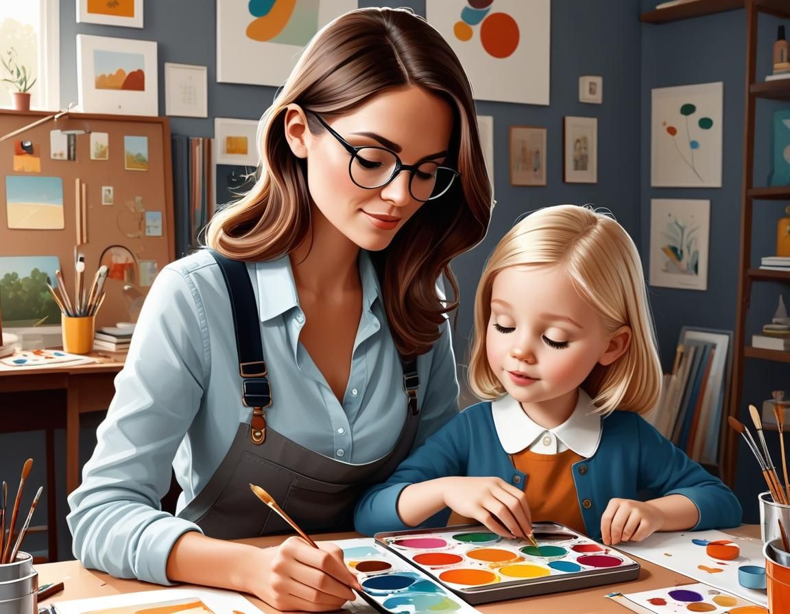 Art Teacher Helping Student, Colorful Digital Illustration