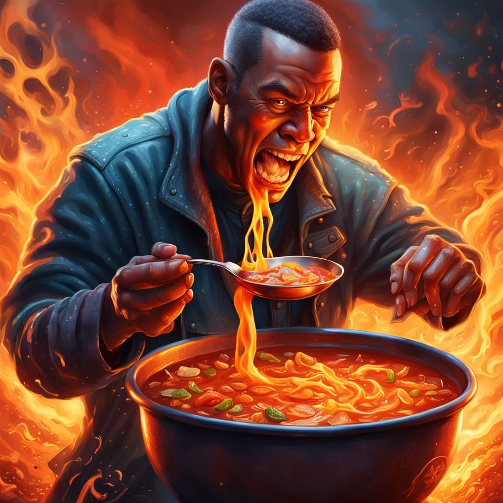 Hyperrealistic Fire Man Enjoys Fiery Soup