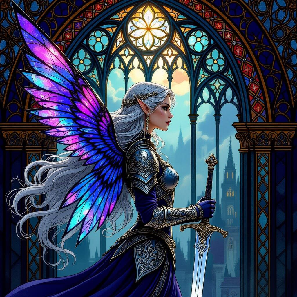 Medieval Warrior Fairy in Stained Glass Ascending to Heaven