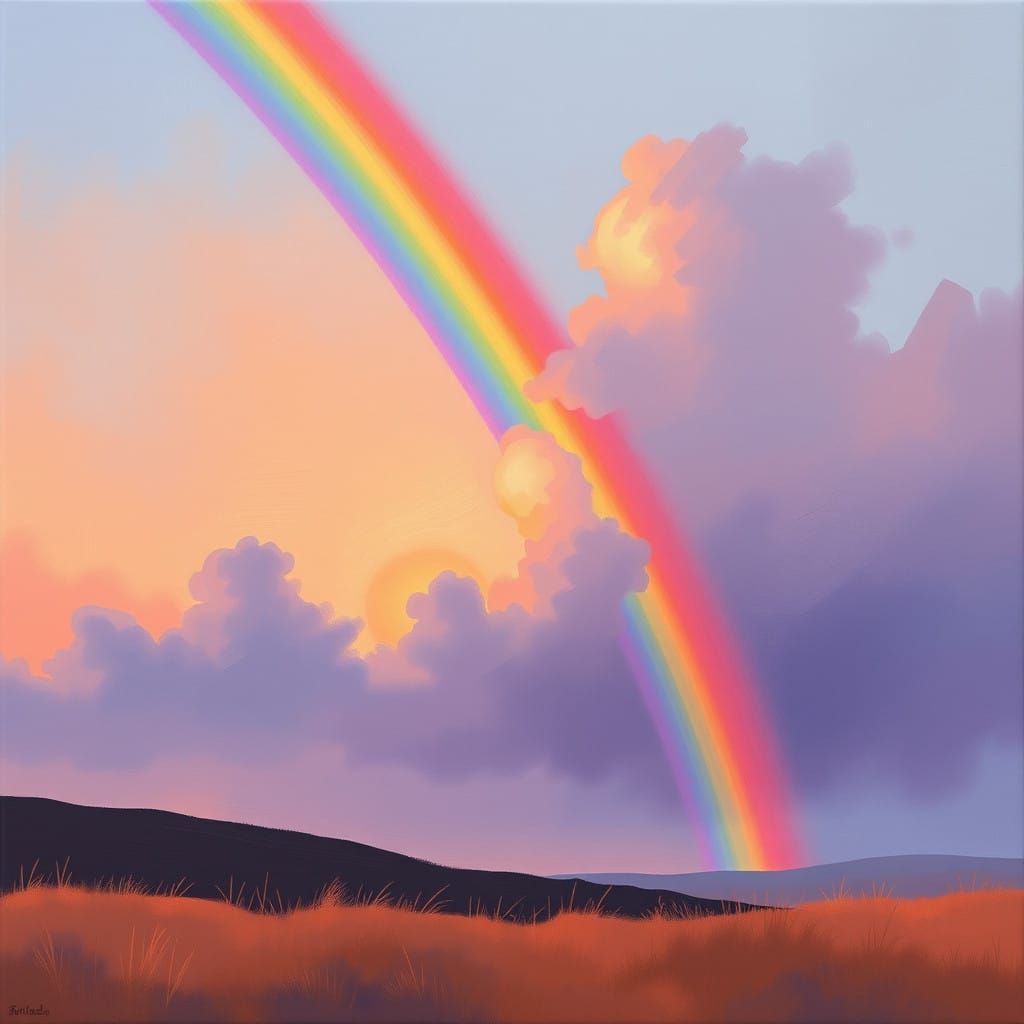 Whimsical Sunset Rainbow in Dreamy, Impressionistic Style