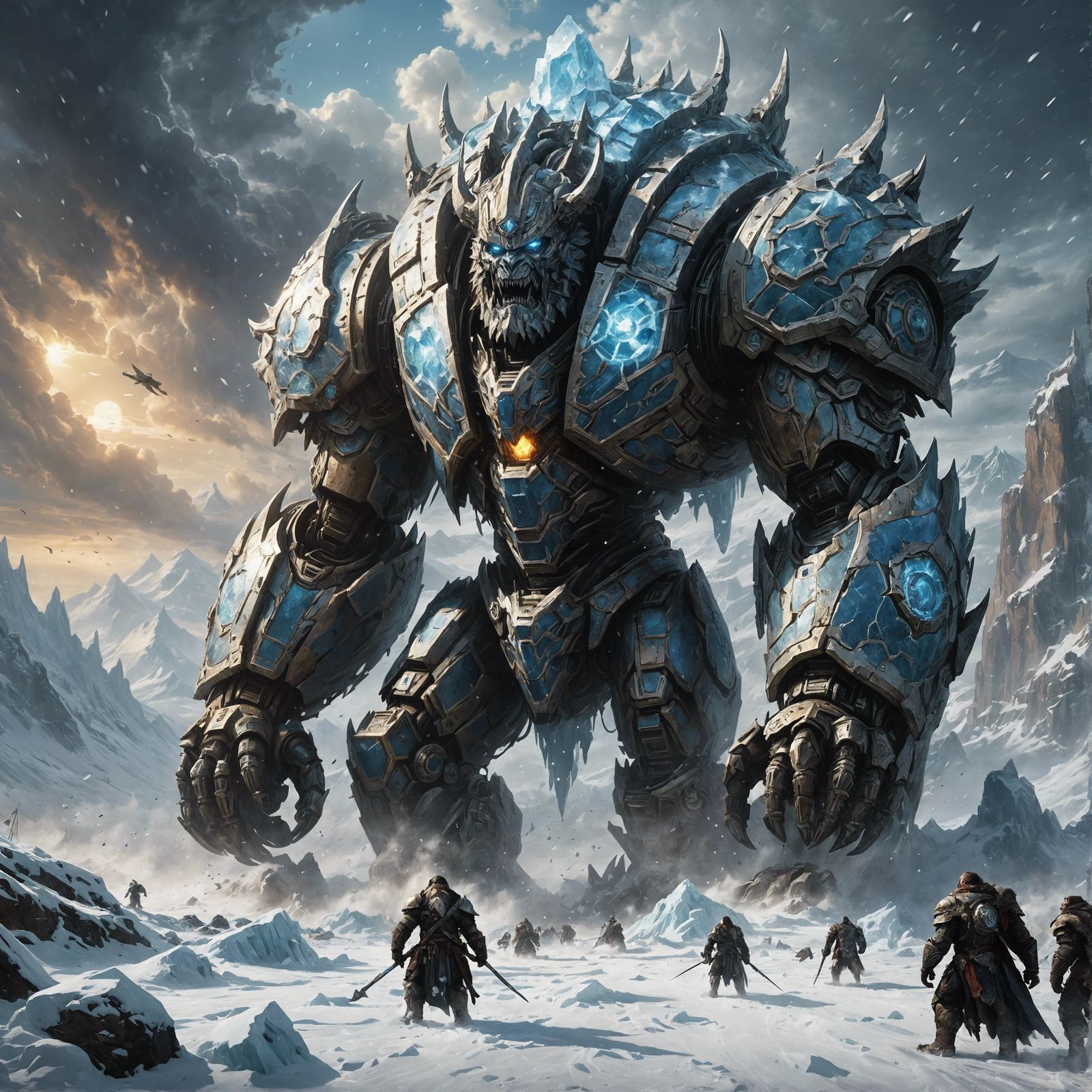 The art depicts the Blizzard Titan, a colossal vehicle, towering over the icy landscape of Matzoth. It is crafted from a...