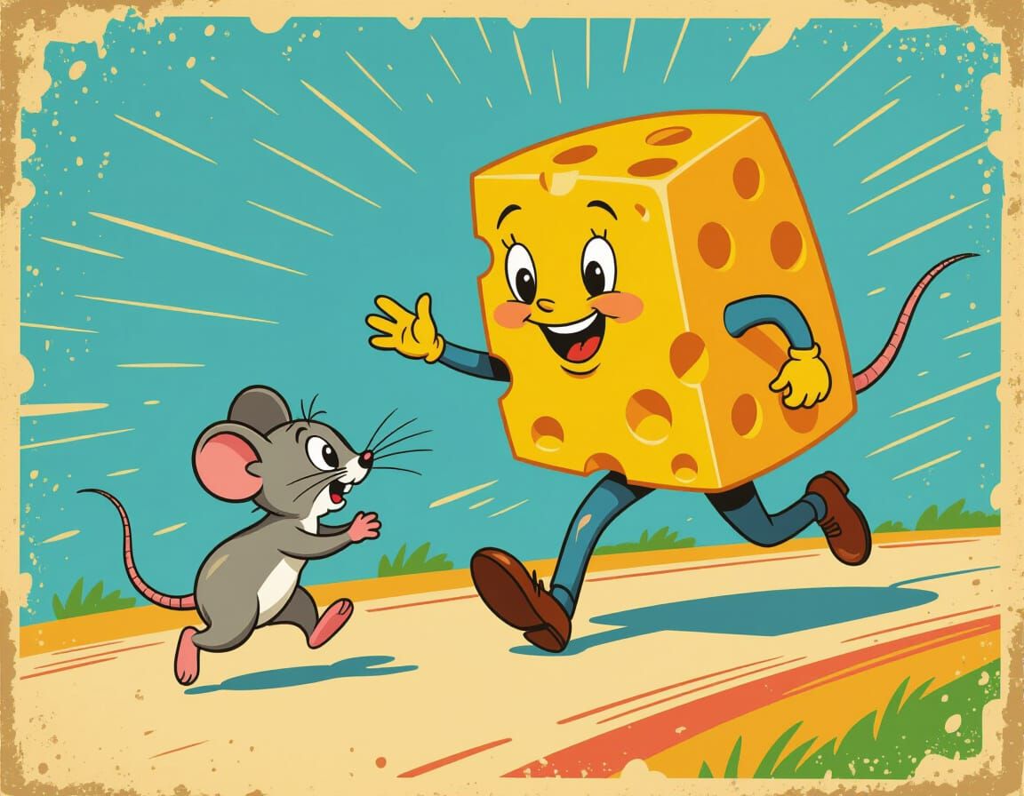 Whimsical Cheese Chase: A Vintage-Style Advertisement