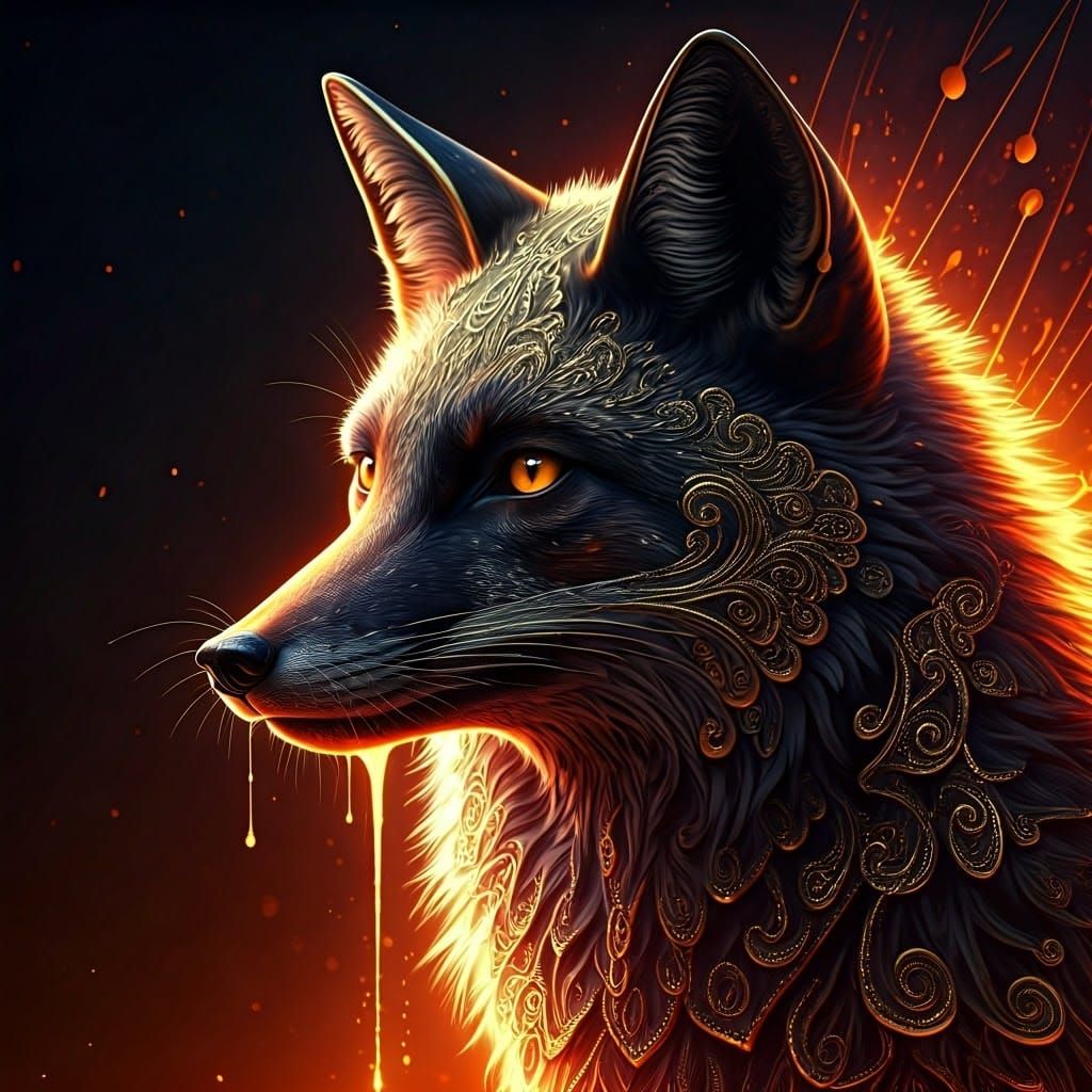 Gilded Black Fox Dripping Gold in Dramatic 3D Render