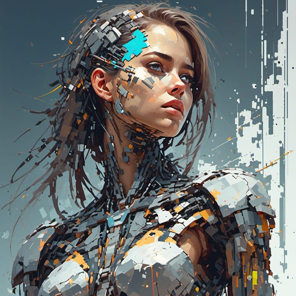 Female Cyborg with Distressed Pixelation Effect