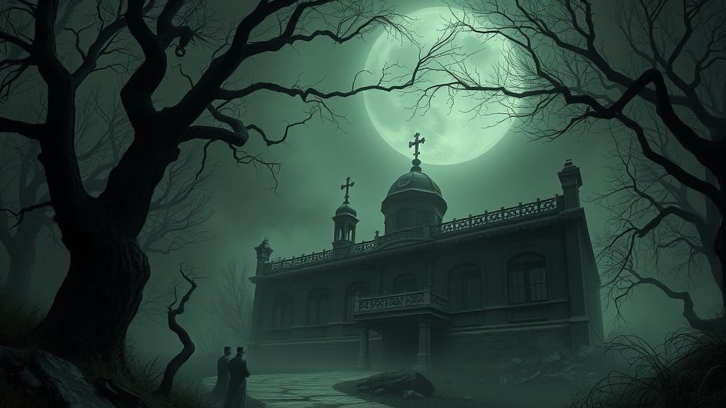 Abandoned Crypt in Haunting Mist with Twisted Trees and Lant...