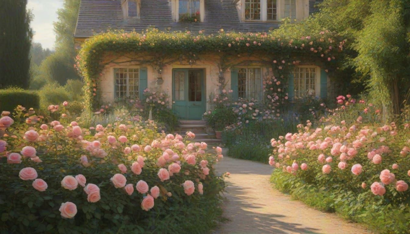 Impressionist Countryside House with Vibrant Roses