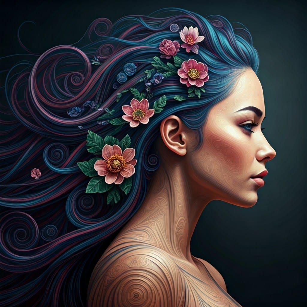 Surreal Woman Portrait with Flowing Quilled Hair