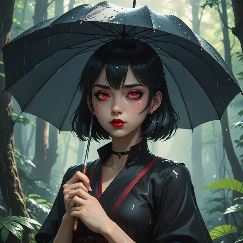 Goth Woman in Rainy Forest Anime Concept Art