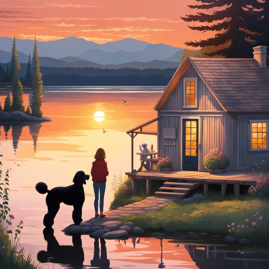 Sunset Serenity: Lakeside Cottage Scene