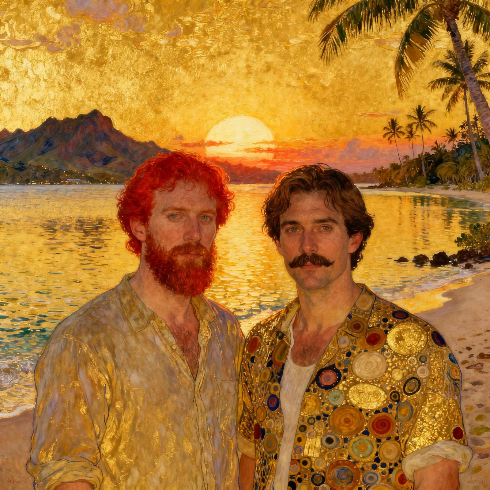 Men Posing on South Pacific Beach at Sunset in Klimt Style