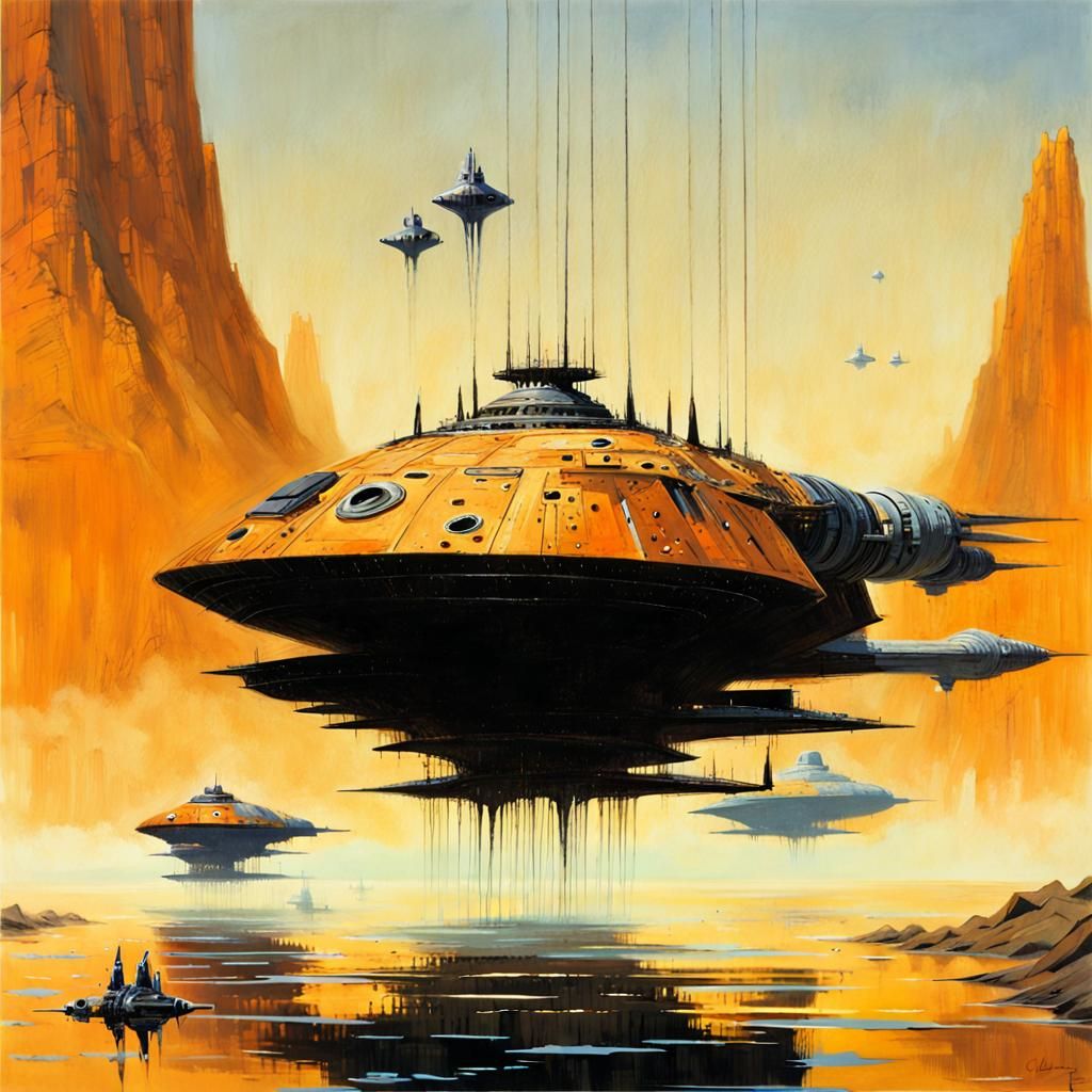 Spaceship Over Wet Landscape in Sci-Fi Style