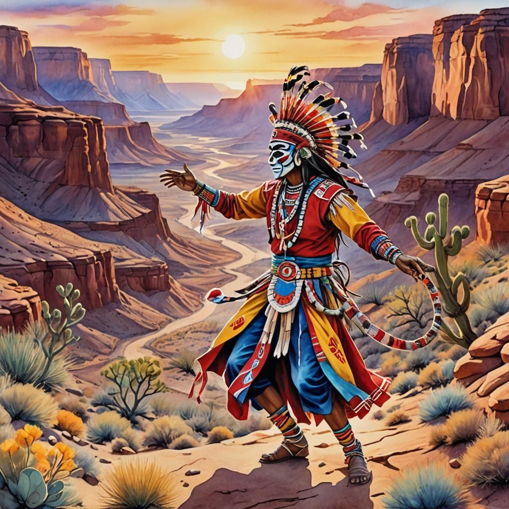 Hopi Snake Dancer in Desert Canyon: Watercolor Art