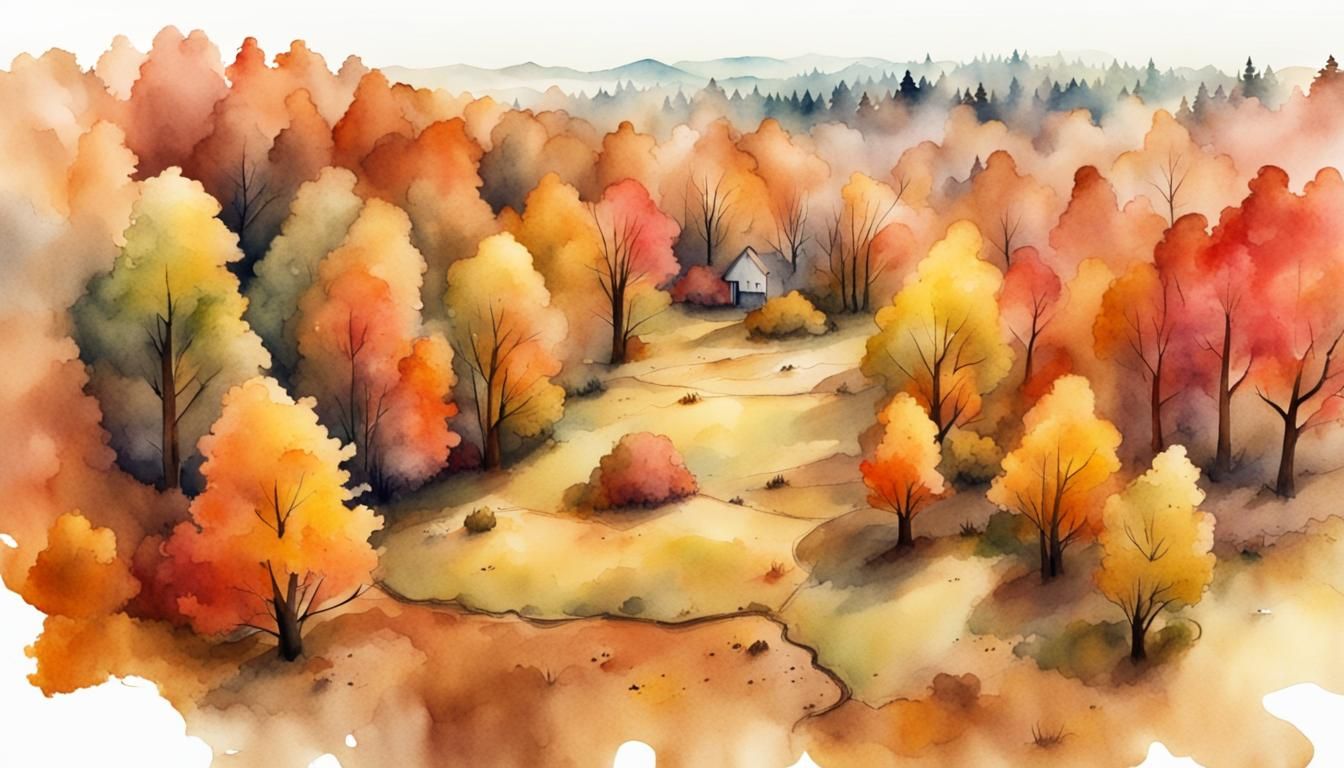 Aerial Autumn Forest Landscape in Watercolor