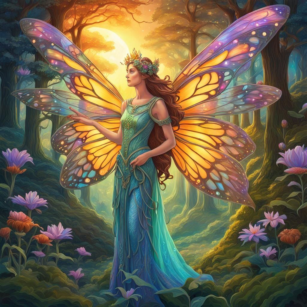 Art Nouveau Fairy with Monarch Wings at Sunrise