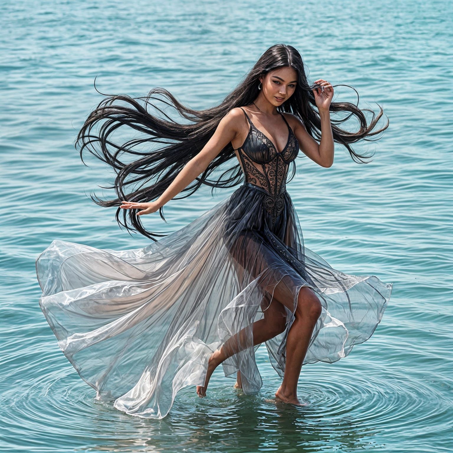 Woman Dancing on Water in Shiny PVC Dress