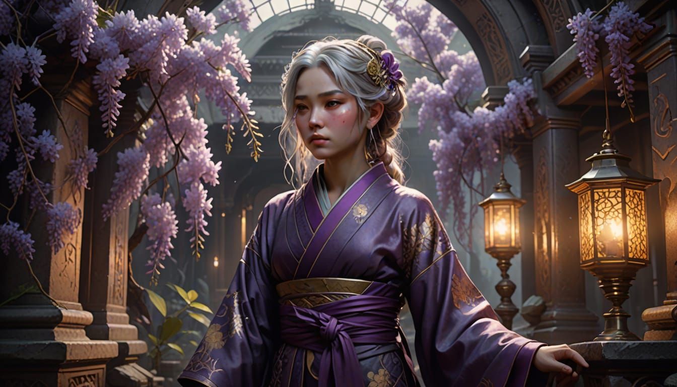 Girl in Plum Kimono in Ceremonial Chamber: Digital Matte Pai...