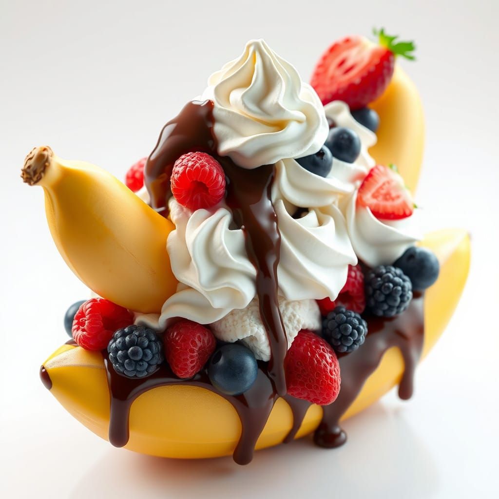 Decadent Banana Split with Berries, Chocolate, and Whipped C...