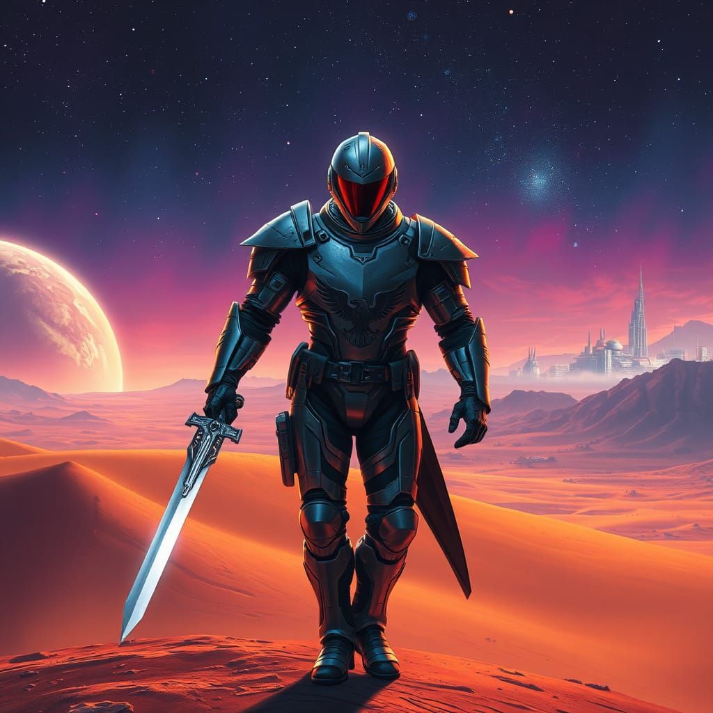 Space Crusader on Desert Planet in Retro-Futuristic Style