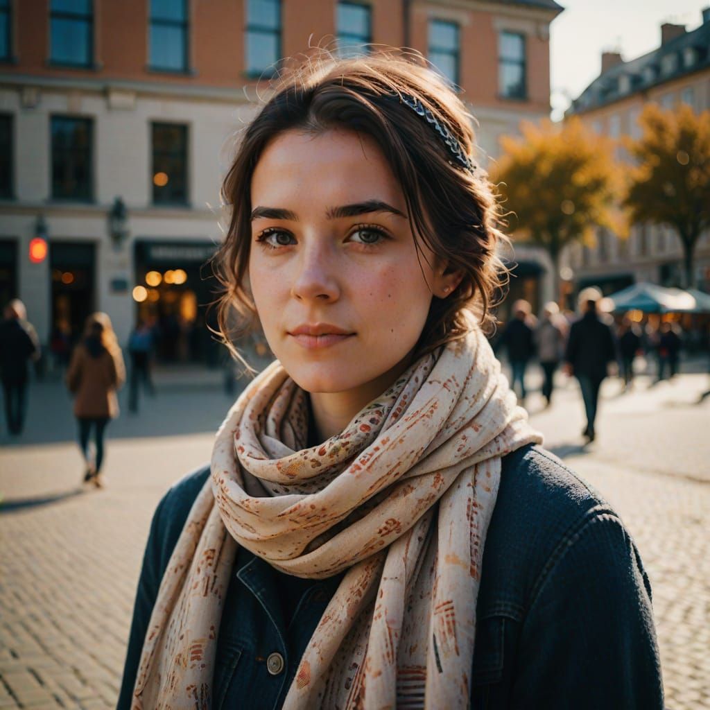 Portrait of Annie in City Square with Soft Lighting