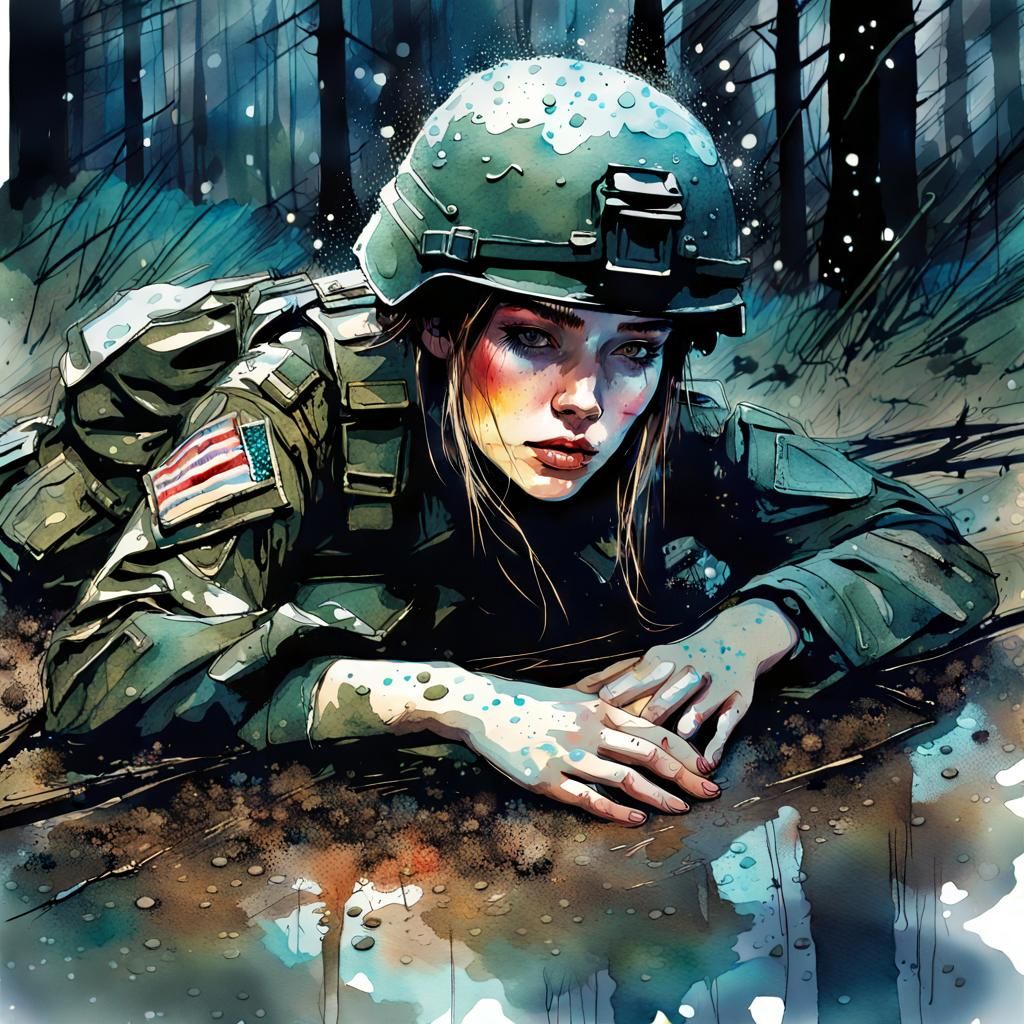 Female Soldier in Mud: Digital Watercolor Art