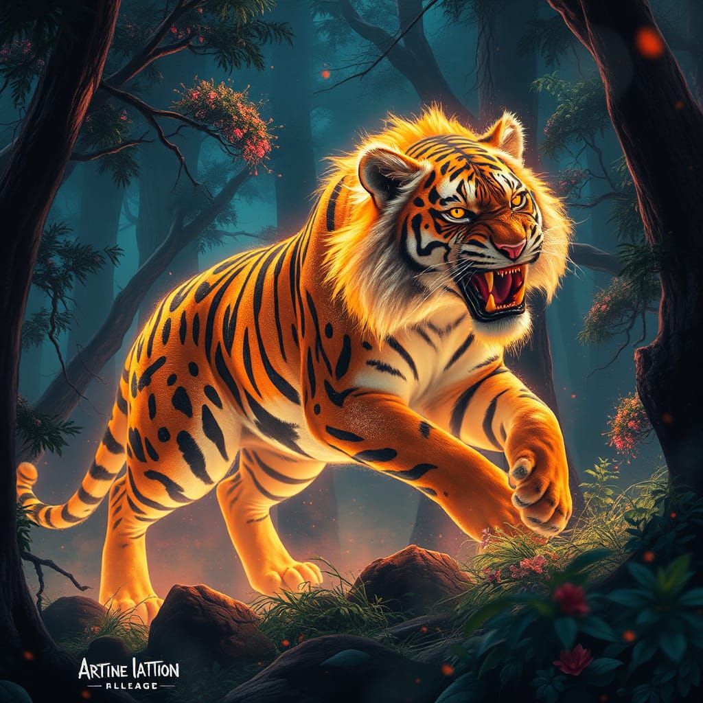 Fluorescent Liger in a Detailed Fantasy Forest