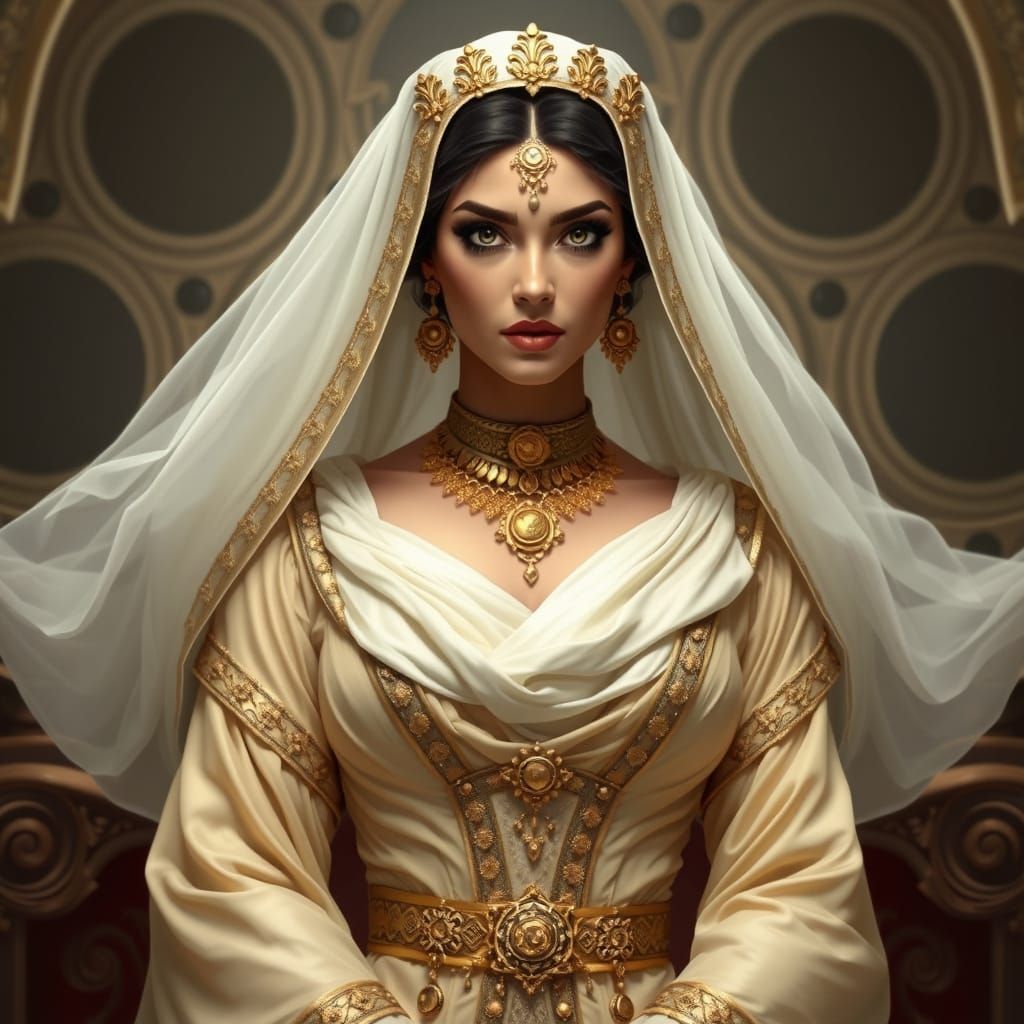 Sophisticated Jordanian Queen in Elaborate Gown with Veil