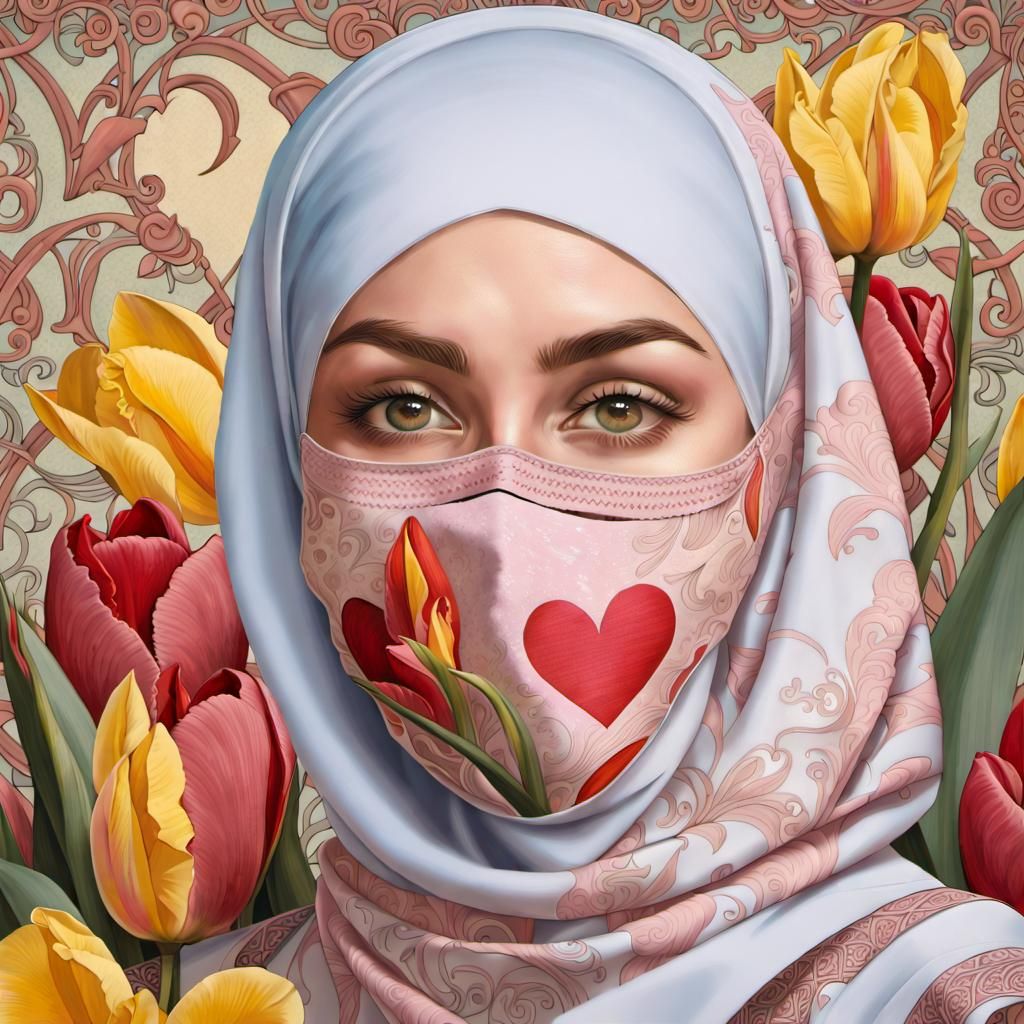 Beautiful Woman in Hijab with Flowers, Art Nouveau Style
