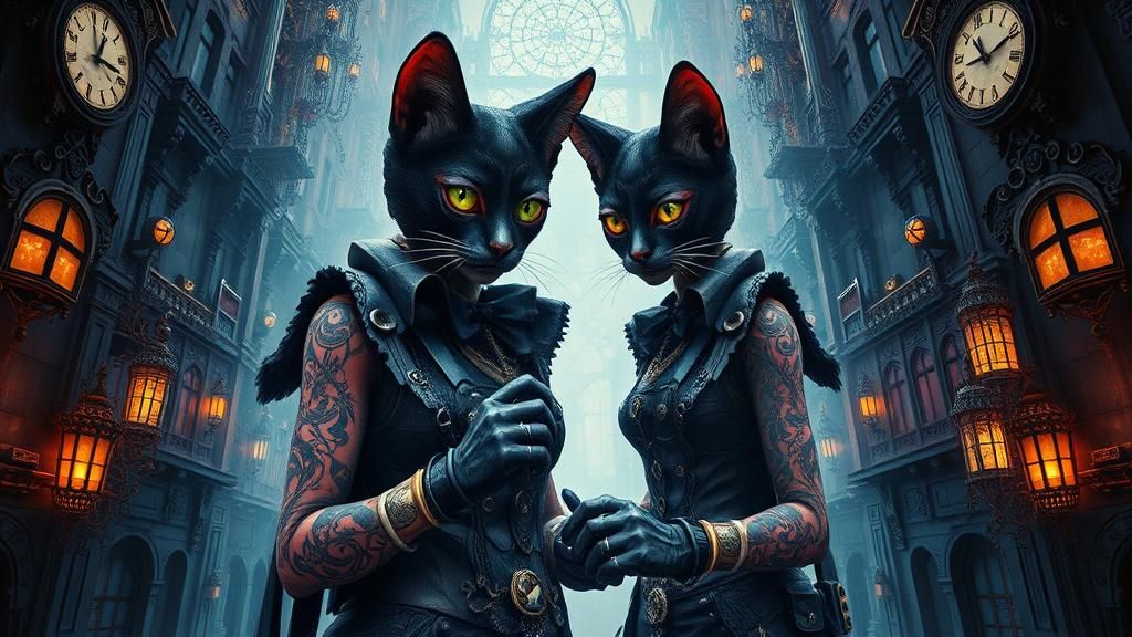 Steampunk Cat Burglar in Neo-Gothic Metropolis as Matte Pain...