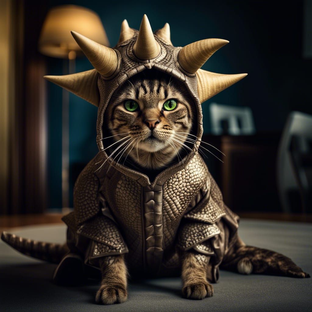 Cat in Triceratops Costume: Hyperrealistic Image