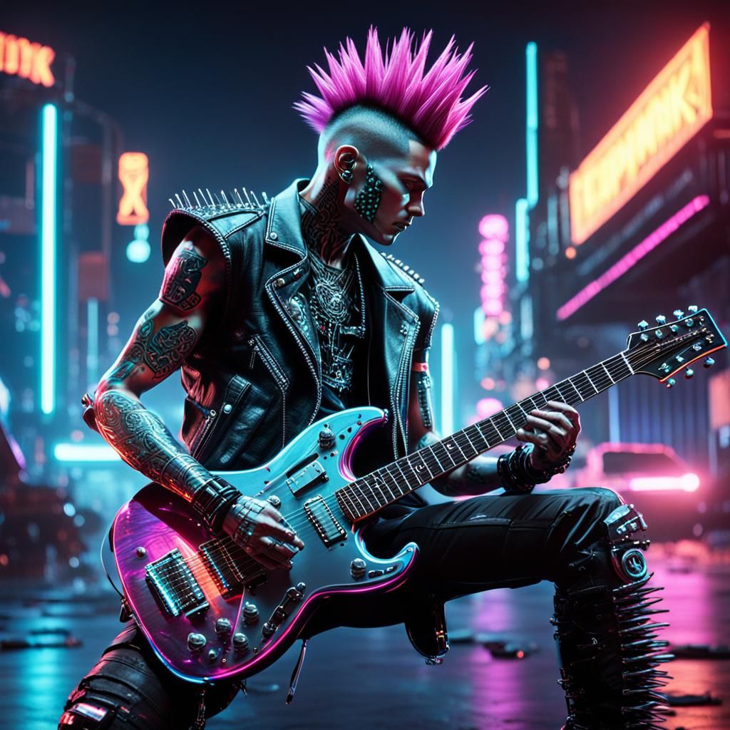 Cyberpunk Punk Rocker Robot Shreds Guitar