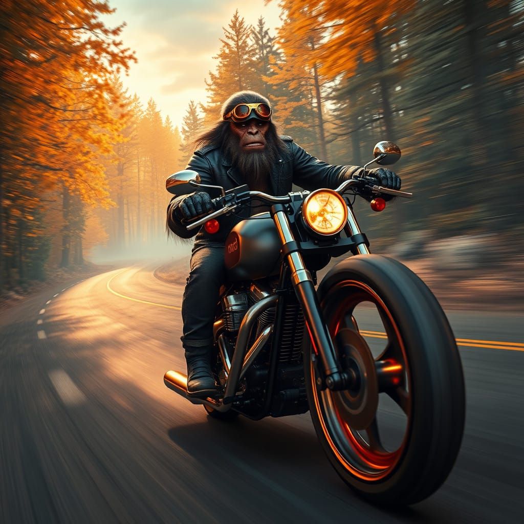 Majestic Sasquatch Cruises Sunset Forest Highway on Cyberpun...